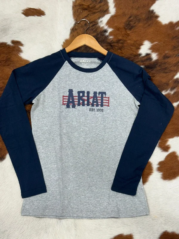ARIAT WOMEN REAL GRAPHIC HEATHER GREY LONG SLEEVE T-SHIRT Solid Print Embellished