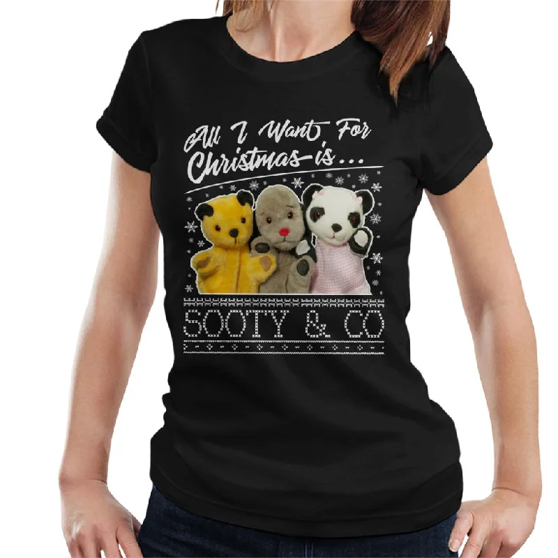 Sooty Christmas All I Want For Christmas Is Sooty And Co Women's T-Shirt Zippered Front Buttoned Front Snap Front Sooty Christmas All I Want For Christmas Is Sooty And Co Women's T-Shirt Zippered Front Buttoned Front Snap Front