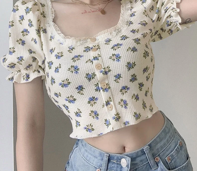 Wjczt Elegant French Style Summer Women Puff Sleeve Floral T shirts Casual Lace Patchwork Slim Cropped Tops Streetwear Harajuku Tee Spandex Blend Rayon Blend Denim Blend Wjczt Elegant French Style Summer Women Puff Sleeve Floral T shirts Casual Lace Patchwork Slim Cropped Tops Streetwear Harajuku Tee Spandex Blend Rayon Blend Denim Blend