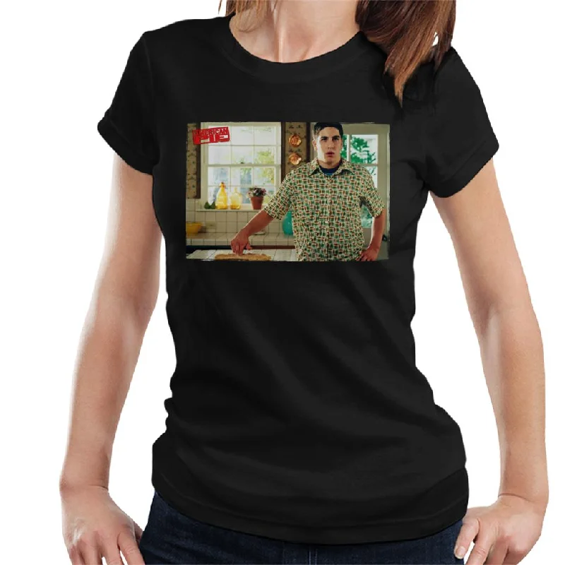 American Pie Jim Touches Pie Women's T-Shirt Hooded Caped Shawl Collar