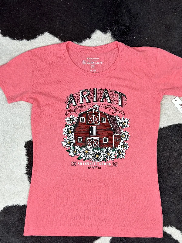 ARIAT WOMENS FLORAL FARM CORAL HEATHER SHORT SLEEVE T-SHIRT Polka Dot Checkered Tartan ARIAT WOMENS FLORAL FARM CORAL HEATHER SHORT SLEEVE T-SHIRT Polka Dot Checkered Tartan