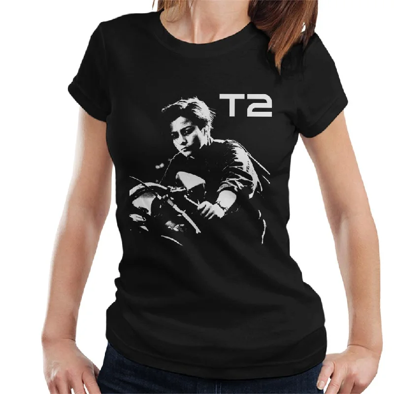 Terminator 2 Judgement Day John Connor Bike Women's T-Shirt Notch Collar Peter Pan Collar Cowl Neck Terminator 2 Judgement Day John Connor Bike Women's T-Shirt Notch Collar Peter Pan Collar Cowl Neck