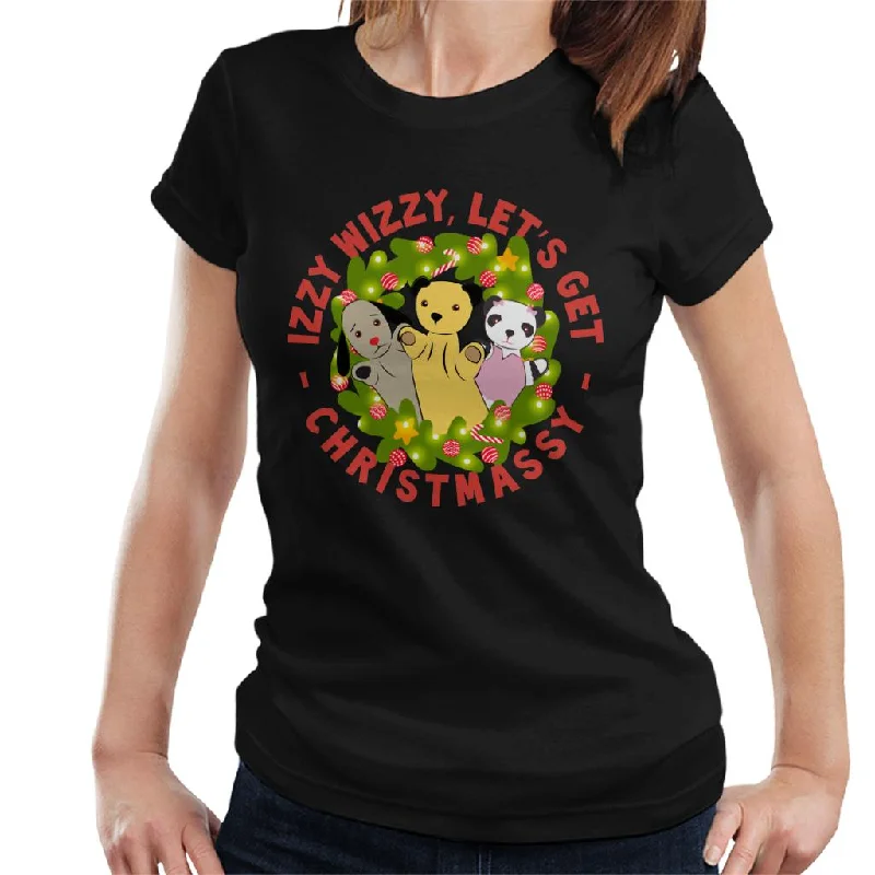Sooty Christmas Illuminated Wreath Izzy Wizzy Lets Get Chrismassy Women's T-Shirt Zippered Front Buttoned Front Snap Front