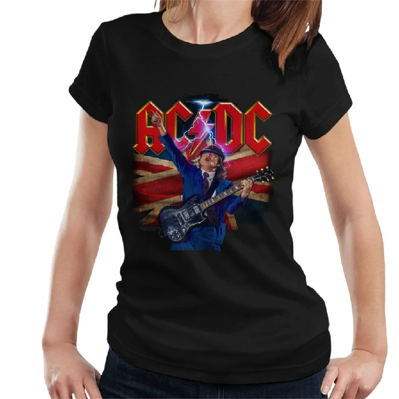 AC/DC Logo Angus Young Union Flag Lightning Women's T-Shirt V-Neck T-Shirt Long Sleeve Cotton