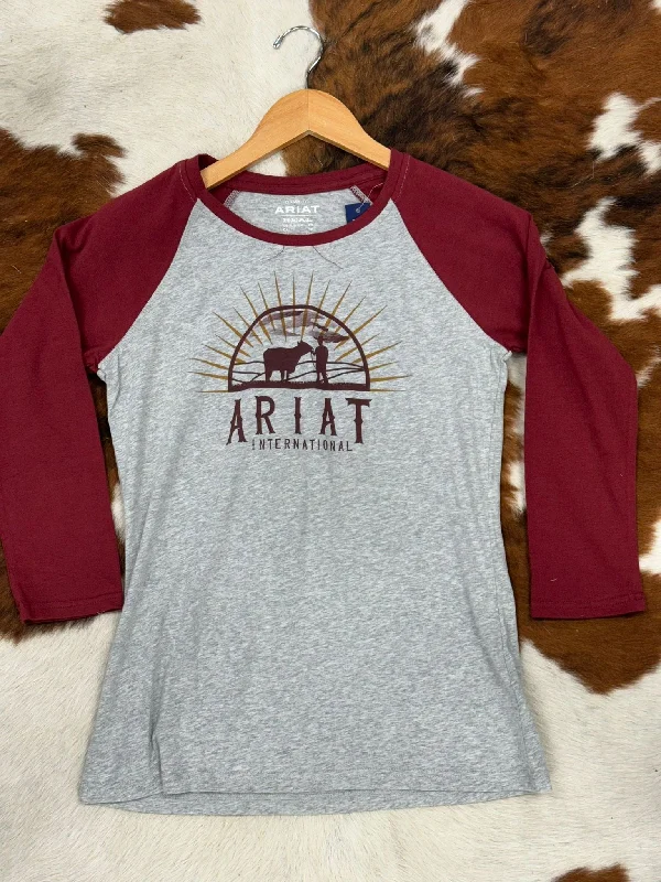 ARIAT WOMEN REAL SUNRISE HEATHER GREY LONG SLEEVE T-SHIRT Spandex Blend Rayon Blend Denim Blend ARIAT WOMEN REAL SUNRISE HEATHER GREY LONG SLEEVE T-SHIRT Spandex Blend Rayon Blend Denim Blend