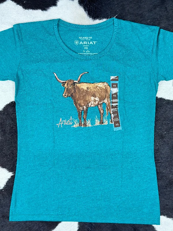 ARIAT LONGHORN WATERCOLOR TEAL GREEN HEATHER SHORT SLEEVE T-SHIRT Knit Fabric Woven Fabric Fleece Fabric ARIAT LONGHORN WATERCOLOR TEAL GREEN HEATHER SHORT SLEEVE T-SHIRT Knit Fabric Woven Fabric Fleece Fabric