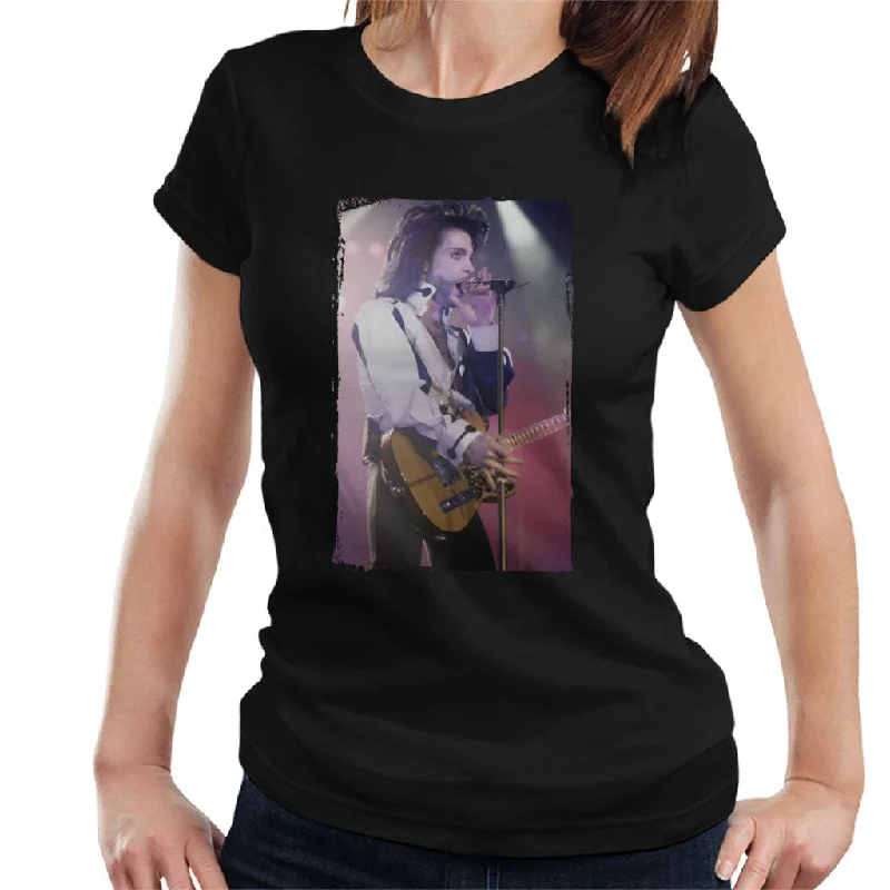 Prince Nude Tour 1991 Performing With Guitar Women's T-Shirt Mesh Blend Leather Blend Suede Blend
