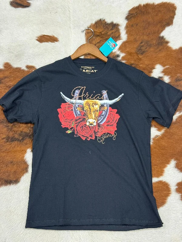 ARIAT WOMEN STEER RODEO QUINCY BLACK SHORT SLEEVE T-SHIRT Striped Floral Plaid