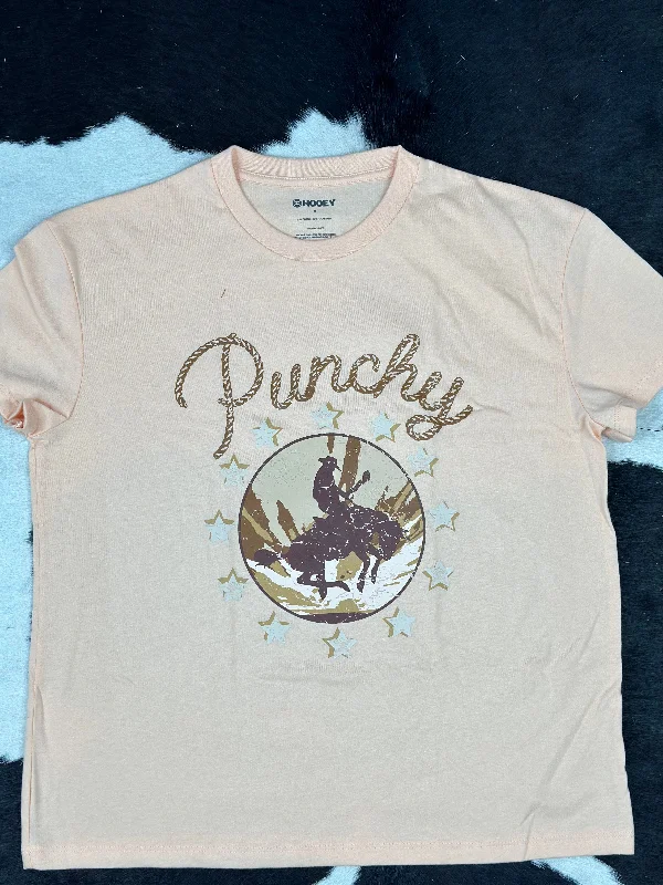 HOOEY LADIES PEACH CREW NECK TAN LOGO SHORT SLEEVE T-SHIRT Collared Crew Neck Turtle Neck