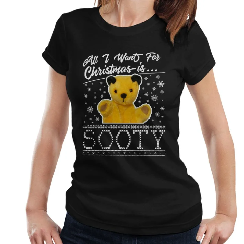Sooty Christmas All I Want For Christmas Is Sooty Women's T-Shirt Notch Collar Peter Pan Collar Cowl Neck Sooty Christmas All I Want For Christmas Is Sooty Women's T-Shirt Notch Collar Peter Pan Collar Cowl Neck