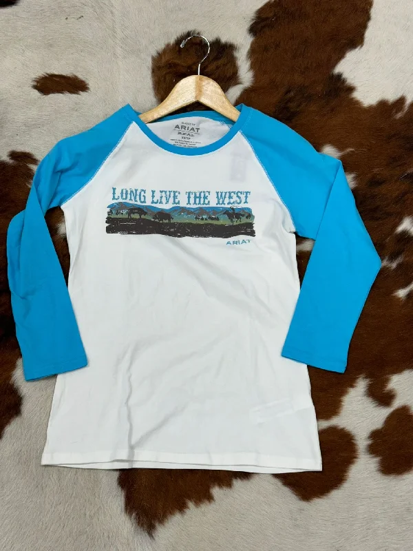 ARIAT WOMEN REAL LONG LIVE BASEBALL CLOUD DANCER BACHELOR BUTTON LONG SLEEVE T-SHIRT Mesh Blend Leather Blend Suede Blend ARIAT WOMEN REAL LONG LIVE BASEBALL CLOUD DANCER BACHELOR BUTTON LONG SLEEVE T-SHIRT Mesh Blend Leather Blend Suede Blend