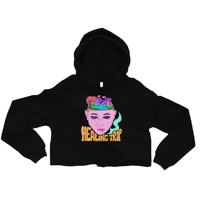 Healing Trip Graphic  Crop Hoodie Hoodie with Elastic Cuffs Stretchable Comfortable