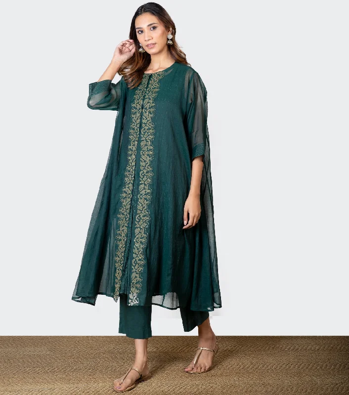 Emerald Green Embroidered Chanderi Cape & Pants Set Cozy Jogger Leggings