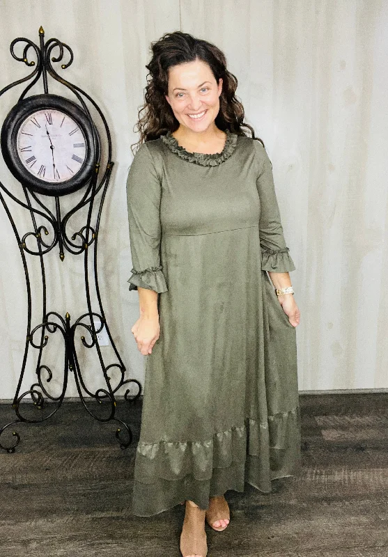 Ginger Suede Ruffle Dress- Olive Casual Short Summer