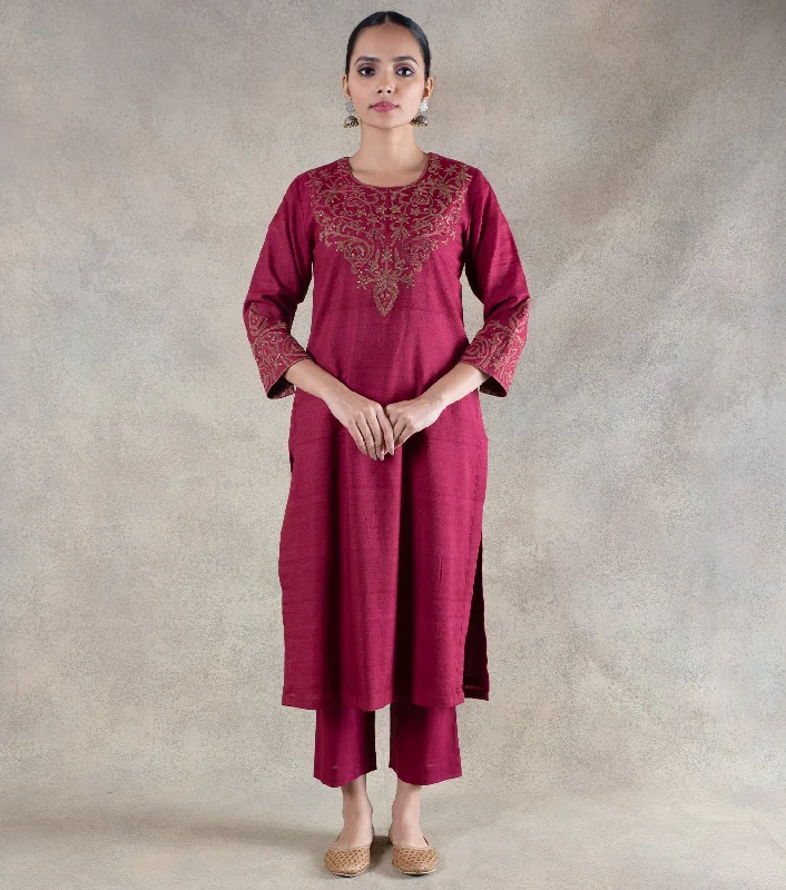 Maroon Hand Embroidered Tussar Cotton Kurta with Cotton Pants - Set of 2 Trendy Printed Leggings