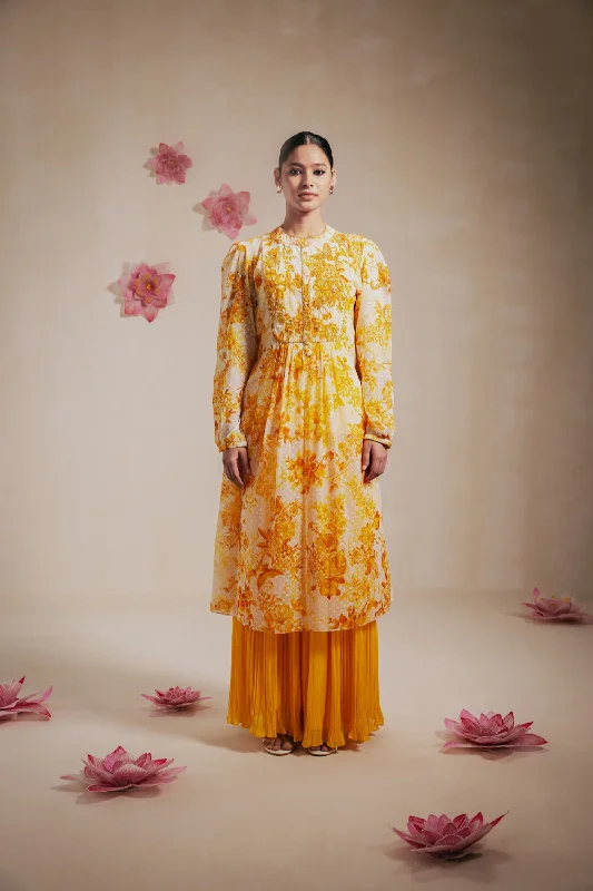 Yellow Rasasvada Printed Kurta Dress(Chiffon) Tunics Custom made