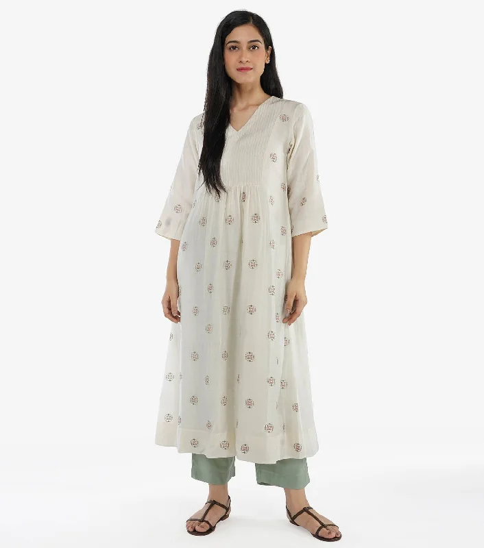 Ivory Cotton Silk Kurta & Mint Green Pants Set Elegant High-Waist Pants