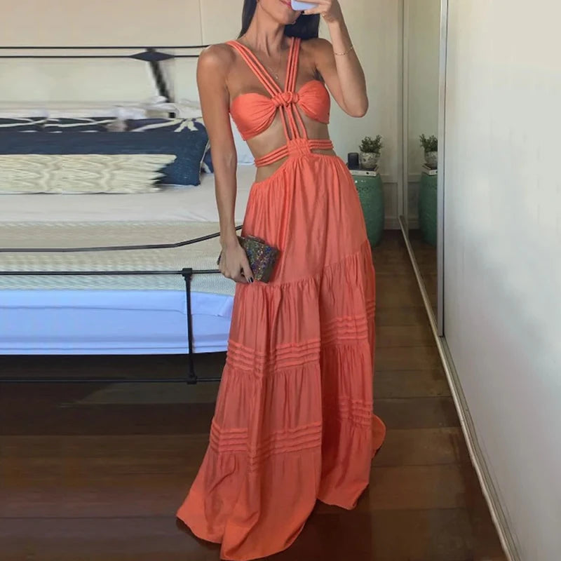 Ellafads Women Long Dresses Summer Fashion Sexy Strap Sleeveless Backless Hollow Out Pleated Solid Beach Party Dress Streetwear Tunics Trendy modern Ellafads Women Long Dresses Summer Fashion Sexy Strap Sleeveless Backless Hollow Out Pleated Solid Beach Party Dress Streetwear Tunics Trendy modern