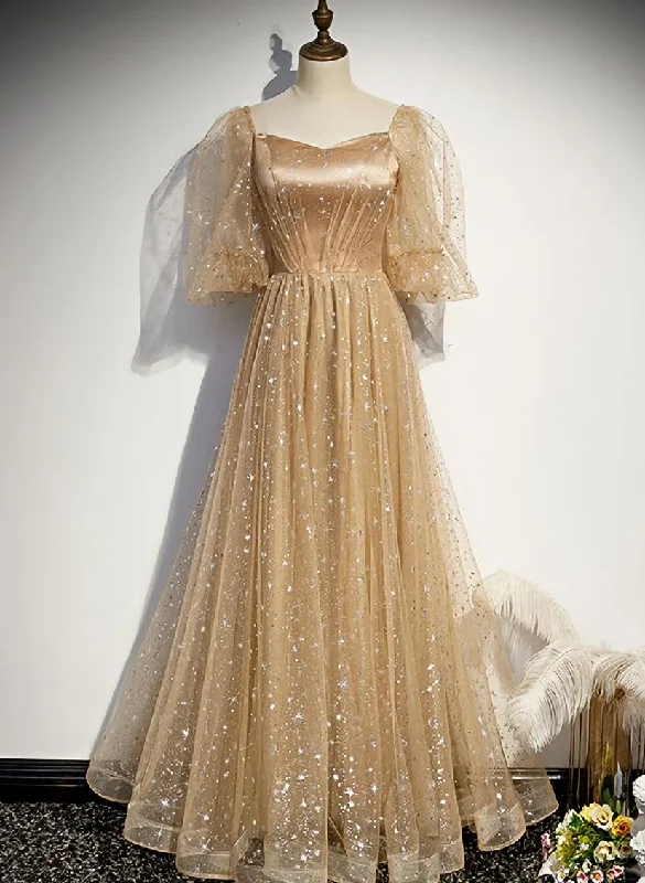 Champagne Tulle Chich Long Puffy Sleeves Party Dress Formal Dress, A-line Tulle Prom Dress Tunics Wedding white Champagne Tulle Chich Long Puffy Sleeves Party Dress Formal Dress, A-line Tulle Prom Dress Tunics Wedding white