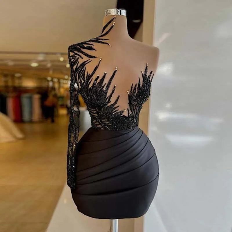 Black Sexy Elegant Short Party Dress One Shoulder Long Sleeves Applique Plus Size Women Mini Cocktail Evening Gowns Custom Made Satin Halter Glamorous Black Sexy Elegant Short Party Dress One Shoulder Long Sleeves Applique Plus Size Women Mini Cocktail Evening Gowns Custom Made Satin Halter Glamorous