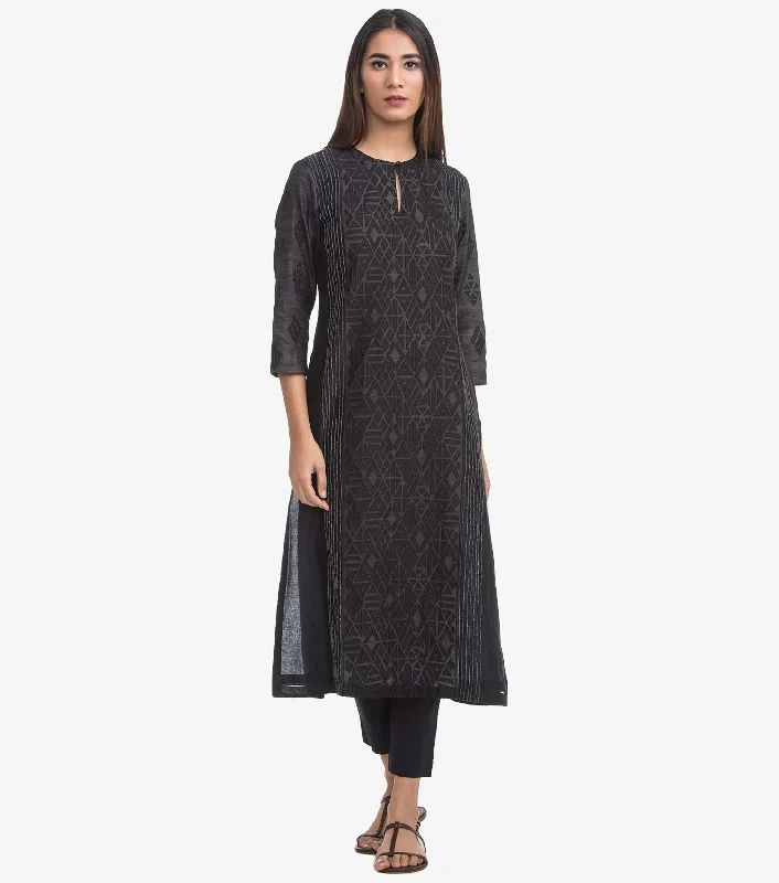 Black applique work Chanderi kurta & cotton pants set Stylish Elastic Waist Pants