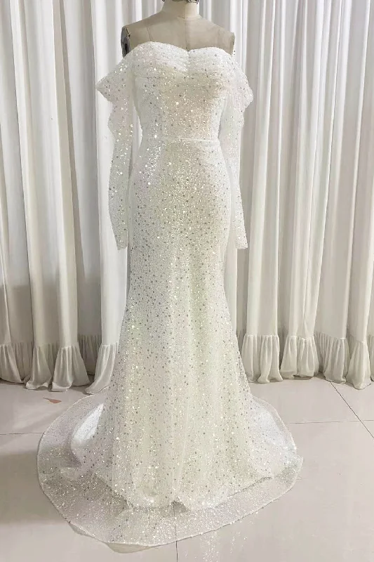 Ivory Mermaid Sequined Prom Dress with Long Sleeves, Sparkly Long Party Dresses Tunics Silk luxurious Ivory Mermaid Sequined Prom Dress with Long Sleeves, Sparkly Long Party Dresses Tunics Silk luxurious