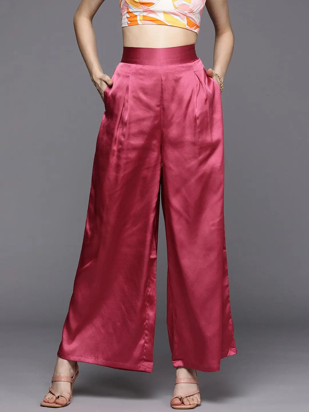 Women Pink Satin Pleated Wide Leg Pants Trendy Work Pants