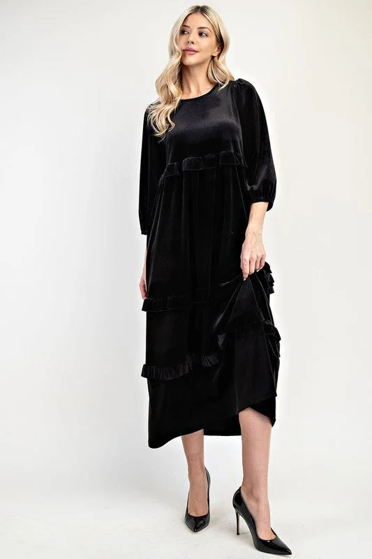 Amanda Velvet Ruffle Dress- Black Tunics Solid Classic