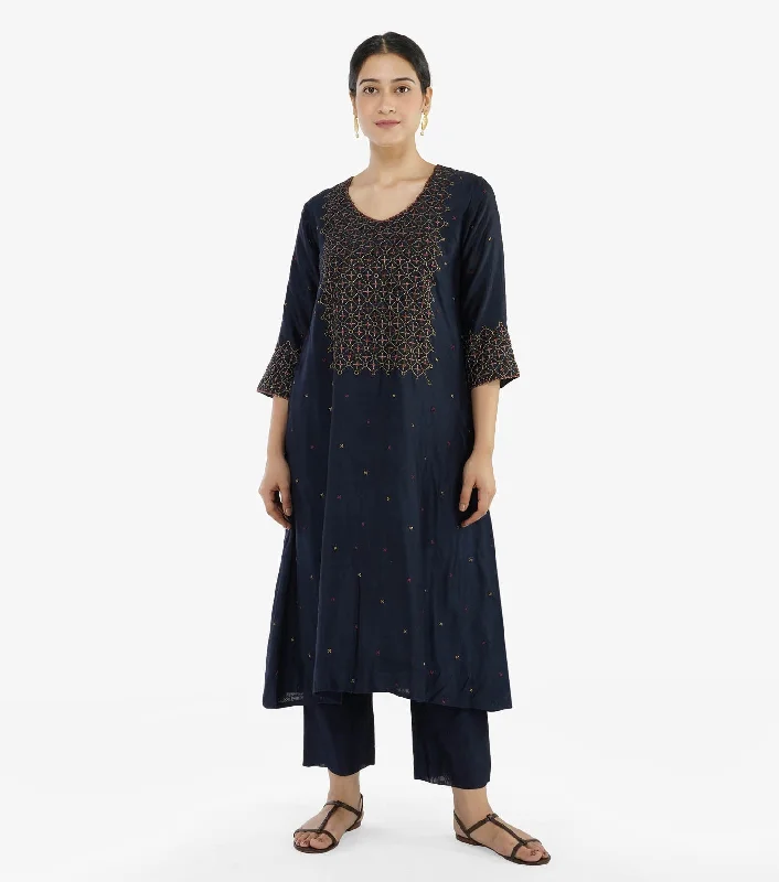 Navy Blue Zari Embroidered Chanderi Kurta & Cotton Pants Set Chic Wool Trousers