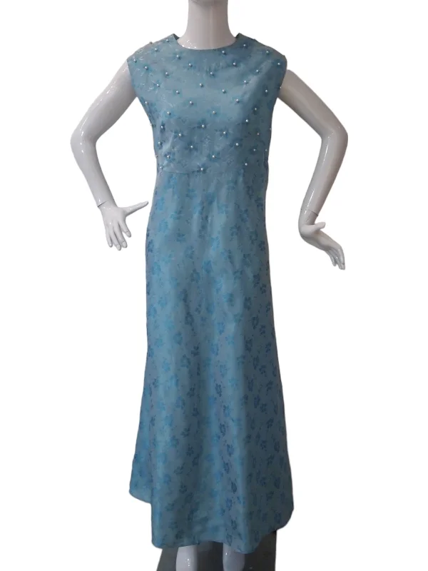 1960s Blue Brocade With Quirky Faux Pearls Maxi Cocktail Dress Shift Classic Vintage