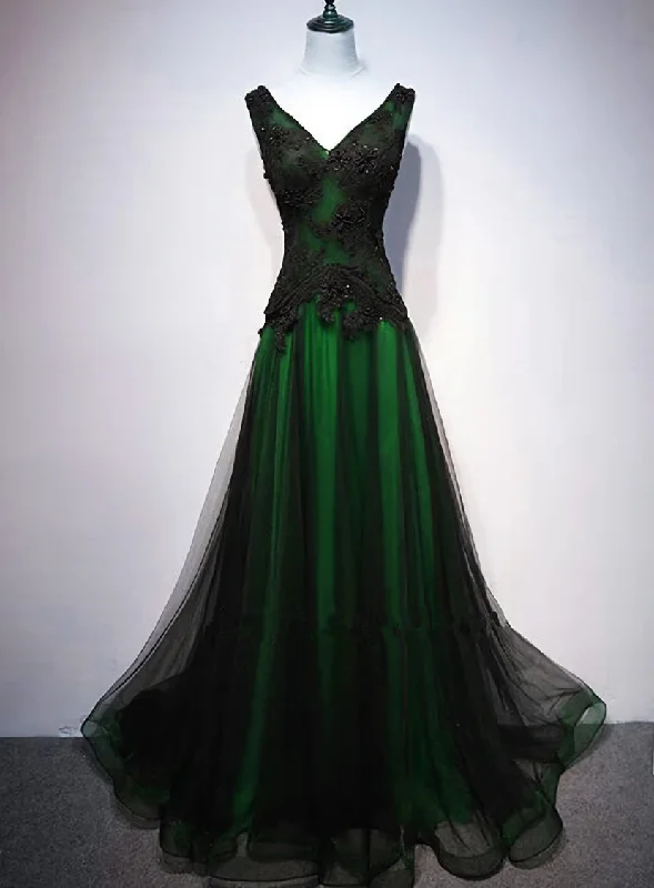 Chaming Black and Green Tulle V-neckline Long Party Dress, V-neckline Prom Dresses Tunics Summer linen Chaming Black and Green Tulle V-neckline Long Party Dress, V-neckline Prom Dresses Tunics Summer linen