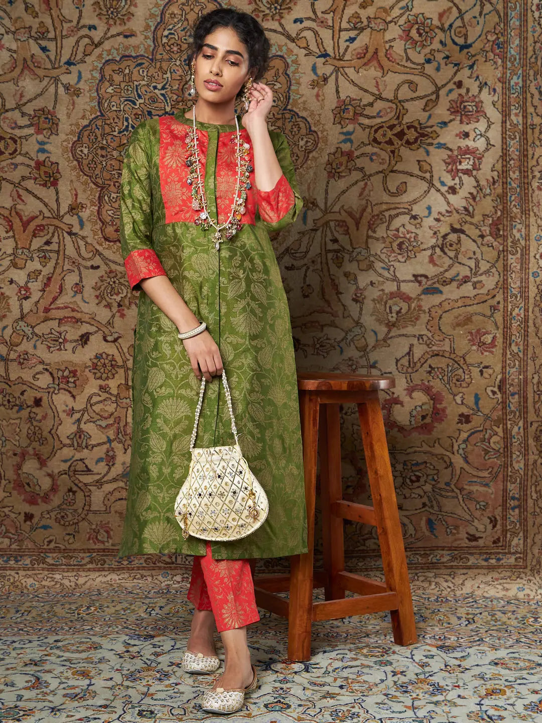 Women Green Brocade Floral Kurta With Orange Brocade Pants Formal Dress Pants