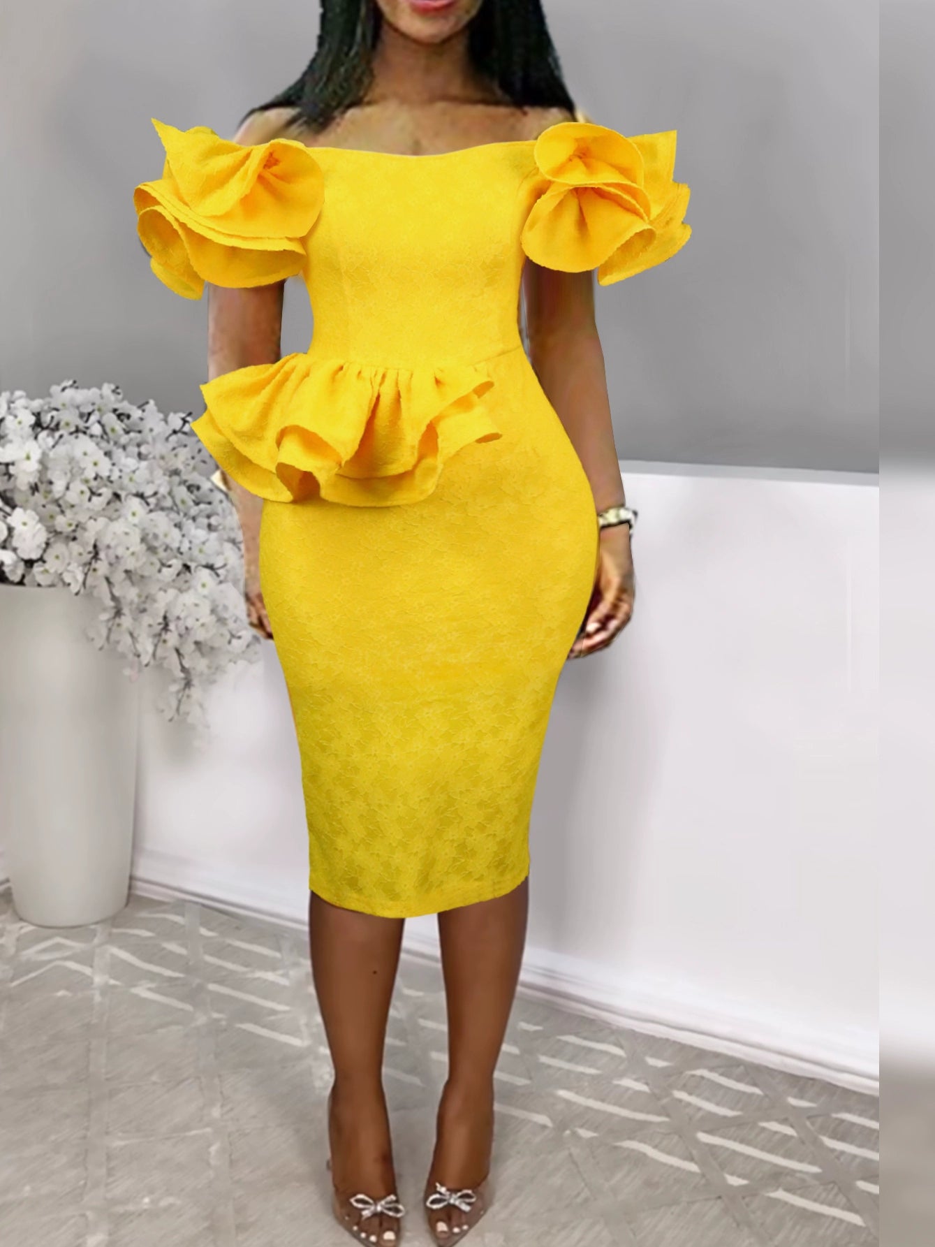2023 Fashion plus Size Lace Ruffles off-Neck Dress plus Size Lace Party Dress Tunics Formal black 2023 Fashion plus Size Lace Ruffles off-Neck Dress plus Size Lace Party Dress Tunics Formal black