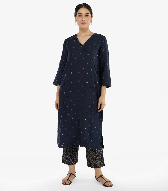 Midnight Blue Zari Embroidered Chanderi Kurta & Pants Set Cozy Maternity Pants