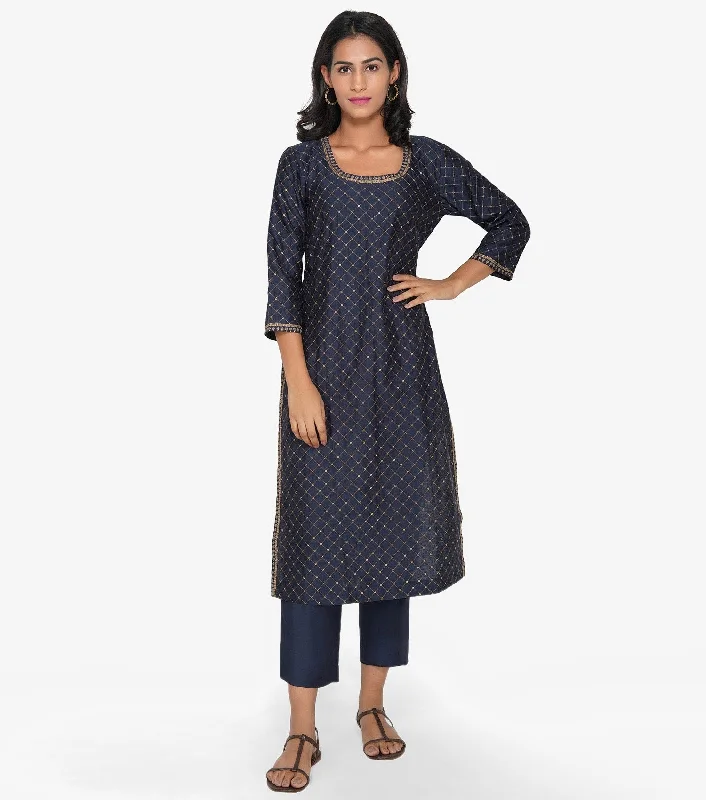 Navy Blue Zari Chanderi Kurta & Cotton Pants Set Modern Bootcut Pants