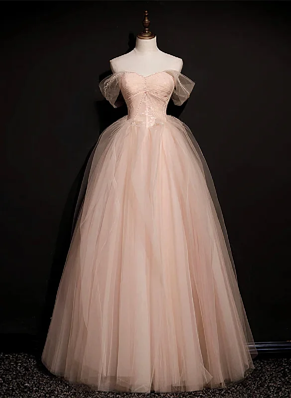 Pink Off Shoulder Beaded Tulle Long Party Dresses, Pink A-line Formal Dresses Prom Dress Tunics Winter warm Pink Off Shoulder Beaded Tulle Long Party Dresses, Pink A-line Formal Dresses Prom Dress Tunics Winter warm