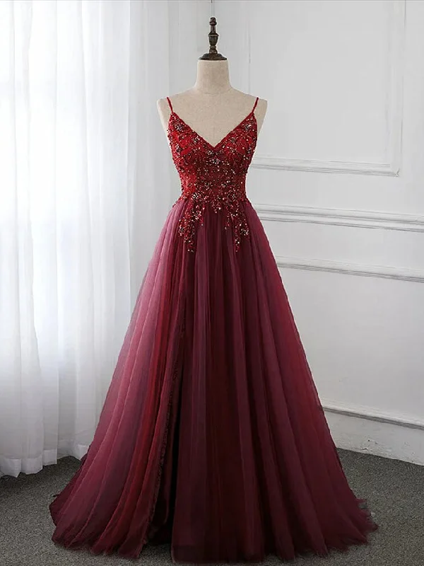 Wine Red Long Tulle V-neckline Beaded Junior Prom Dress, Dark Red Party Dress Tunics Hiking breathable Wine Red Long Tulle V-neckline Beaded Junior Prom Dress, Dark Red Party Dress Tunics Hiking breathable