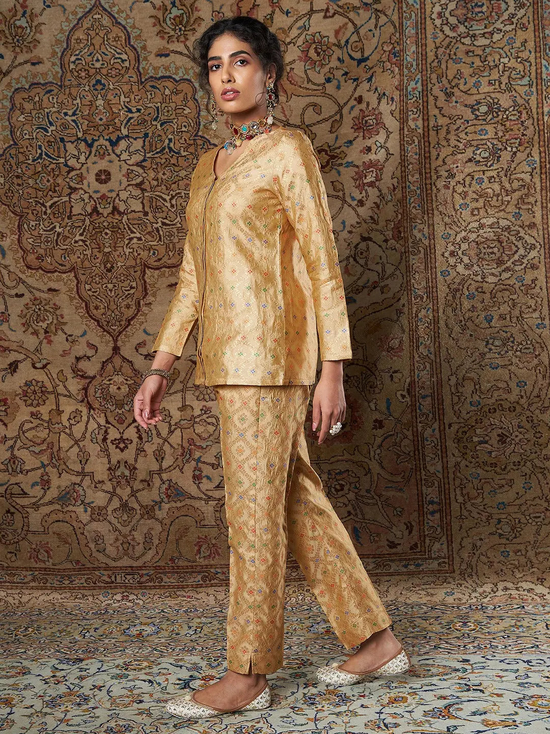 Women Golden Indian Motif Brocade Pants Cozy Knit Pants