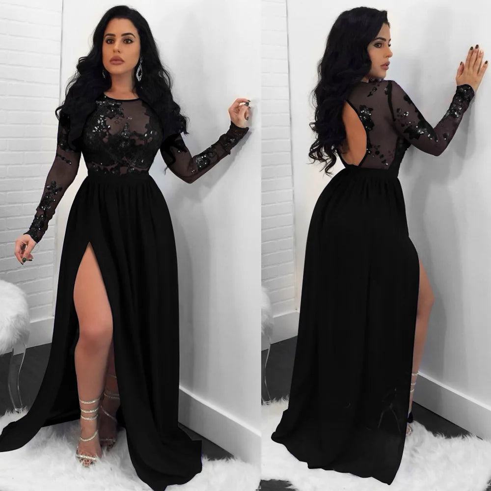 Black Lace Sequins Mesh Patchwork Women Sexy Maxi Evening Party Dress Tunics Custom made Black Lace Sequins Mesh Patchwork Women Sexy Maxi Evening Party Dress Tunics Custom made