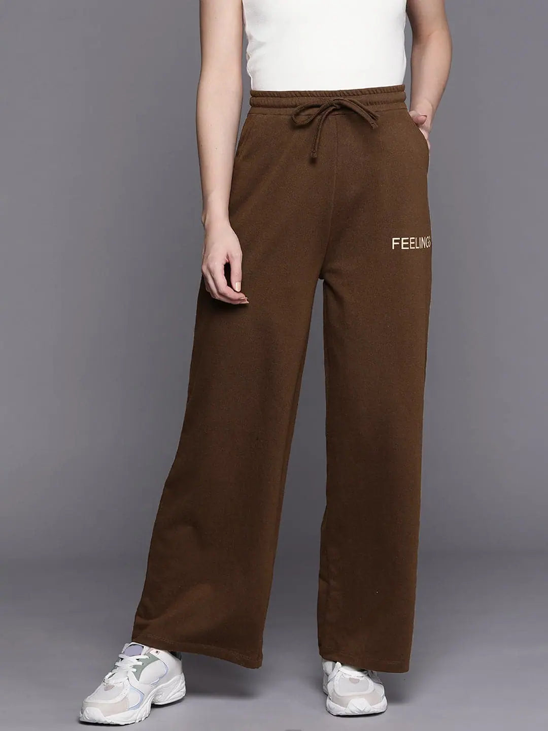 Women Brown FEELING Track Pants Stylish Elastic Waist Pants