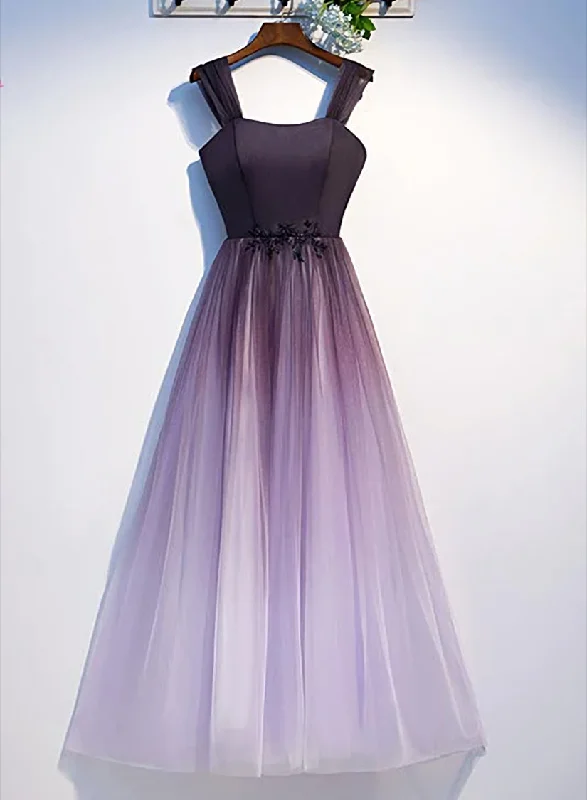 Charming Gradient Tulle Straps Long Party Dress,A-line Prom Dress Tunics Solid Classic