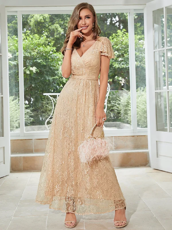 Champagne Long Lace One Shoulder Party Dress Tunics Leisure comfortable