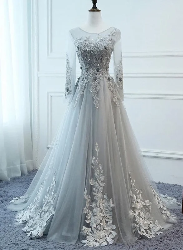 Light Grey Tulle Long Sleeves A-line Prom Dress, Grey Party Dress Formal Dress Tunics Leisure comfortable Light Grey Tulle Long Sleeves A-line Prom Dress, Grey Party Dress Formal Dress Tunics Leisure comfortable