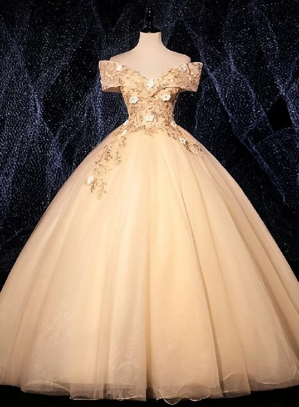 Champagne Tulle Flowers Off Shoulder Sweet 16 Party Dress, Long Prom Dress, Formal Gown Tunics Trousers formal Champagne Tulle Flowers Off Shoulder Sweet 16 Party Dress, Long Prom Dress, Formal Gown Tunics Trousers formal
