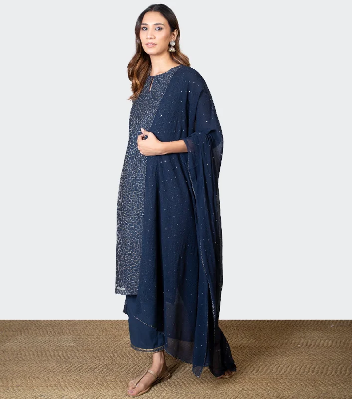 Navy Blue Zari Embroidered Chanderi Kurta with Cotton Pants and Chiffon Dupatta - Set of 3 Modern Skinny Pants Navy Blue Zari Embroidered Chanderi Kurta with Cotton Pants and Chiffon Dupatta - Set of 3 Modern Skinny Pants
