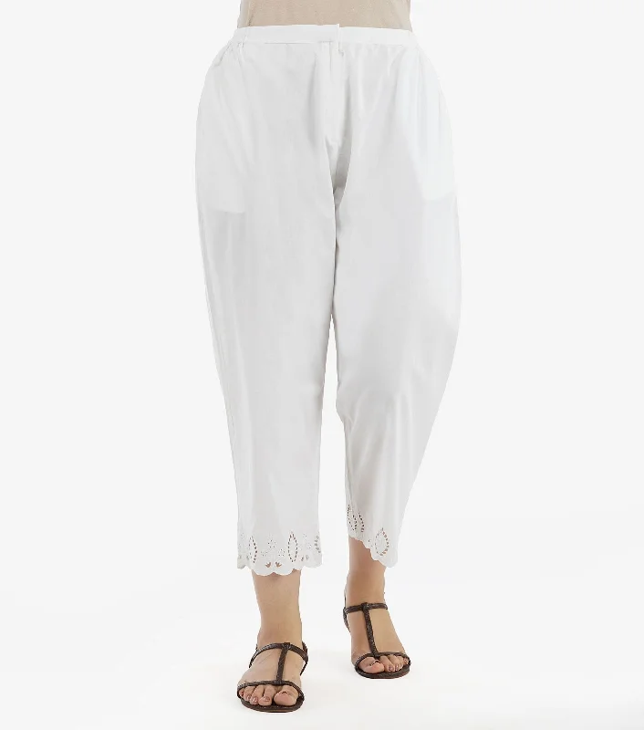 White Cotton Cutwork Pant Comfy Zip-Up Pants