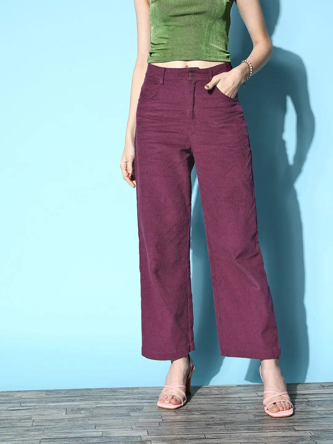 Women Purple Corduroy Straight Pants Classic Cropped Pants