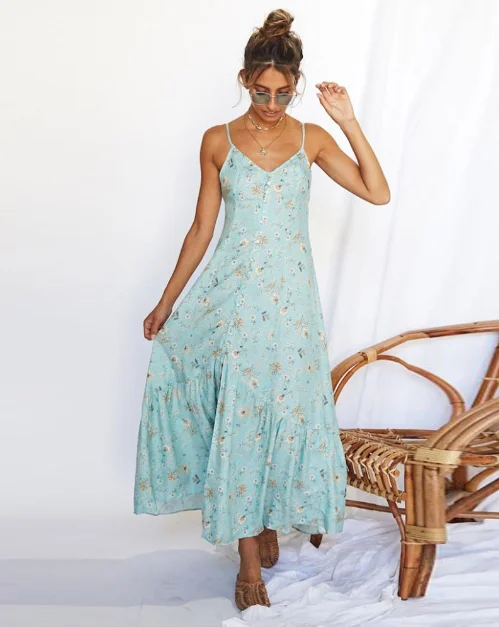Sexy V Neck Strap Buttons Beach Sundress Casual Print Long Dress Vintage Party Dress Tunics Business professional