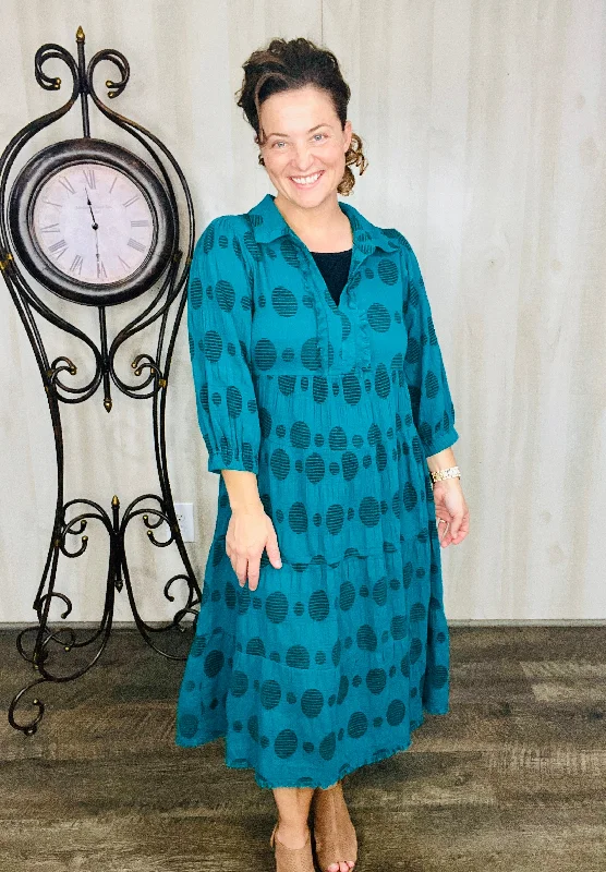 Cindy Jacquard Puff Sleeve Dress- (Teal) Tunics Silk luxurious