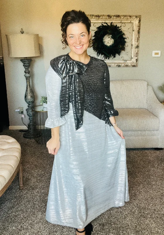 Merry & Bright Holiday Style Dress- Silver Crew Neckline Sporty